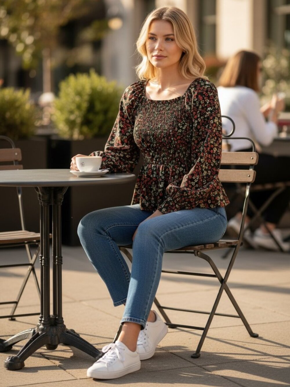 Ember Black Ditsy Floral Smocked Balloon Sleeve‎ Peplum Blouse